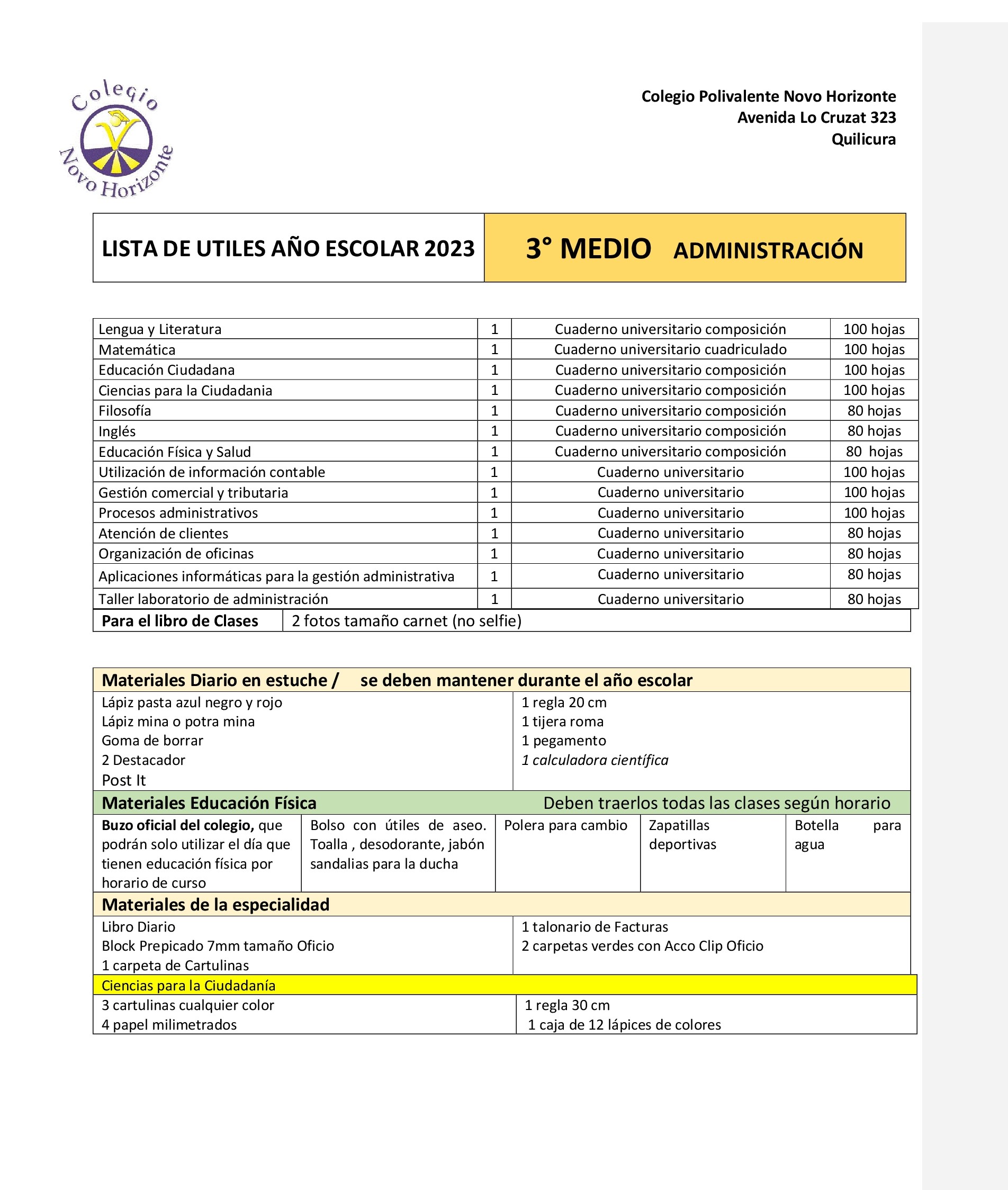 Lista de útiles escolares y uniforme 2023 - Colegio Mayor Peñalolén