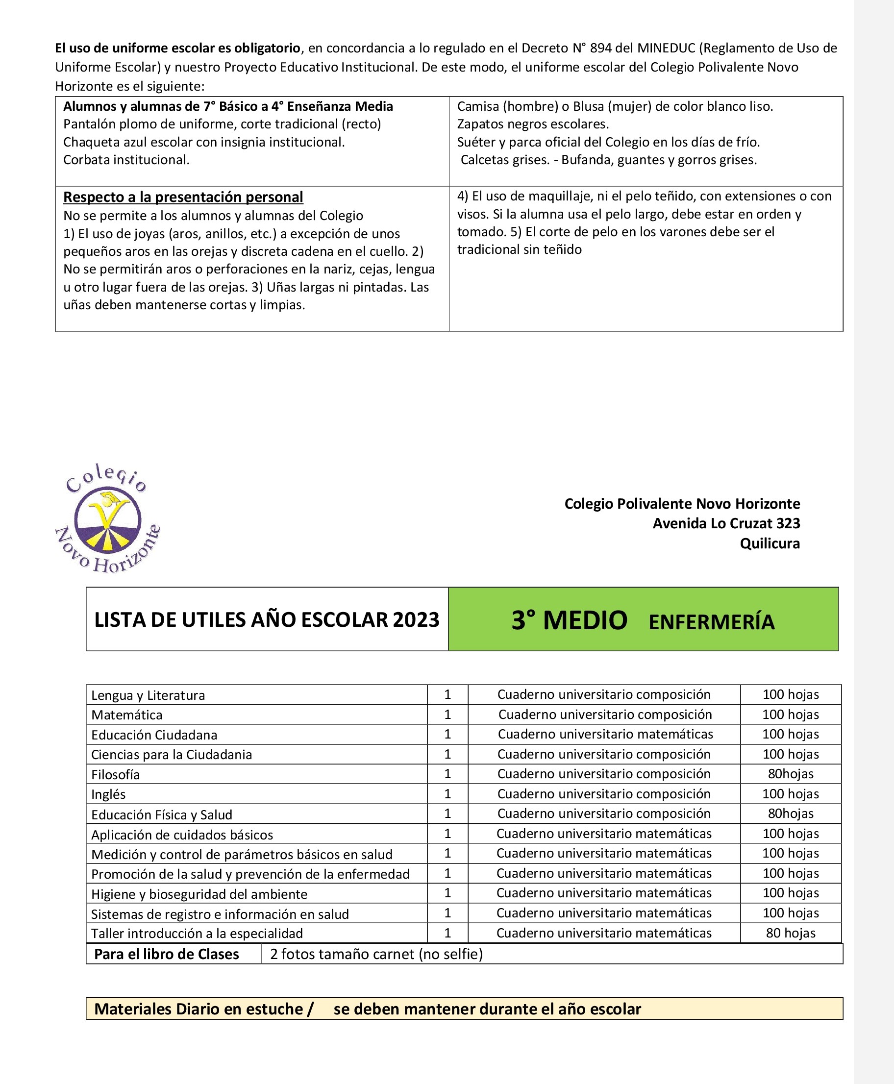 Lista de útiles escolares y uniforme 2023 - Colegio Mayor Peñalolén